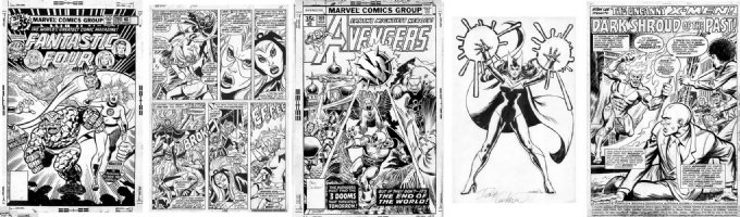 DAVE COCKRUM - FF #203 cover, Avengers#169 cover, X-Men #100 page, Scarlet Witch 1970's Marvel licensing art, Uncanny X-Men #106 Splash